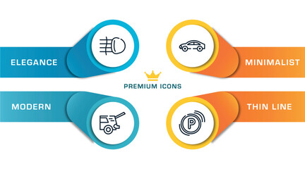 car parts outline icons with infographic template. thin line icons such as car fog lamp, car taiate, hard top, parking light vector.