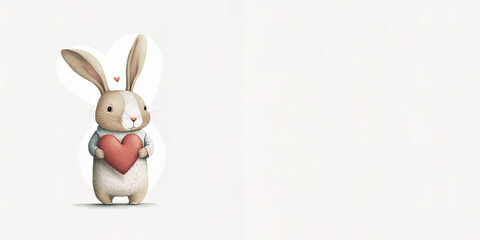 Adorable bunny holding a heart. Copy space, text space. Valentine´s card for children. Parental love, love. Cute illustration. Generative art, AI