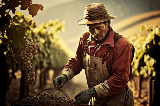  a man in a hat and overalls is picking grapes from a basket in a vineyard with a wire basket in his hand and a wire basket in his other hand, and a mountain. Generative AI 