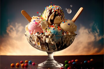  a bowl of ice cream with sprinkles and ice cream scoops in it with a spoon in it and a few balls of candy on the table next to it with a sky. Generative AI 