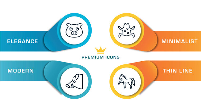 free animals outline icons with infographic template. thin line icons such as farm pig, boar head, tropical frop, horse with leg up vector.