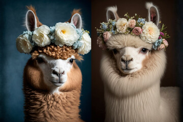 Cute alpacas with flower crown, generative Ai. 