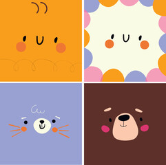 Cute simple animal portraits - bee, bear, hare and flower. Great for creating baby clothes.  Vector illustration