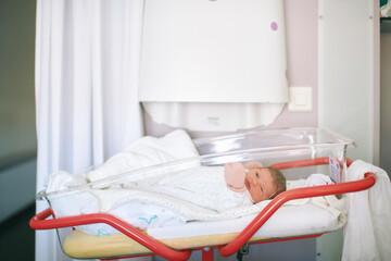 Newborn baby lying in hospital crib, first days of life