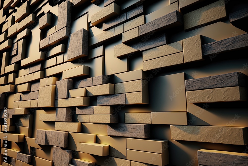 Poster rectangular mosaic tiles, all polished and set up in a wall pattern. the backdrop is made of piled b