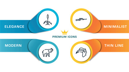 animals outline icons with infographic template. thin line icons such as cattail, safari, rifle, hornbill vector. © VectorStockDesign