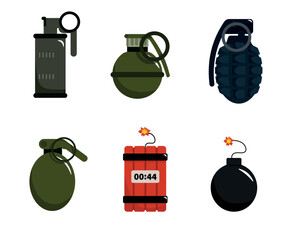 Set of dangerous grenades in cartoon style. Vector illustration of military explosives such as offensive, defensive and smoke grenades, dynamite and bombs on white background.