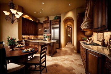  a kitchen with a table and chairs and a refrigerator and oven in it and a dining room table and chairs in front of it and a doorway to the kitchen area with a door and. Generative AI 