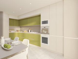 Olive Ivory Modern Kitchen interior design 3d render Kyiv, Ukraine 01.15.2023