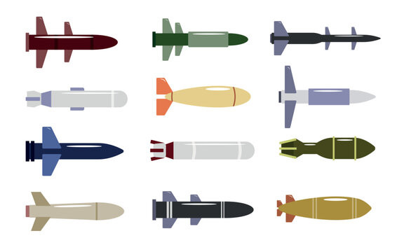 Set Of Dangerous Missiles In Cartoon Style. Vector Illustration Of Military Strategic Weapons Such As Air-to-air, Air Defense, Bombs, Ballistic And Cruise Missiles On White Background.