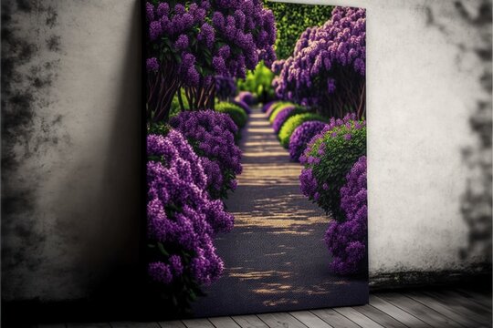  a painting of a path with purple flowers on it and a white wall behind it, with a wooden floor and a white wall with a white wall and a white wall with a white. Generative AI 