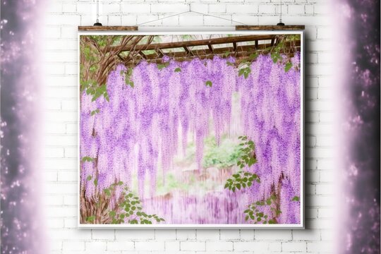  a picture of a purple wister tree hanging on a brick wall with a purple frame around it and a purple background with a white brick wall with a purple border and white brick wall. Generative AI 