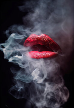 Woman's lips blowing smoke clouds - Generative AI image made to look like photorealistic macro photograph of lusciously red lips exhaling smoke/vape