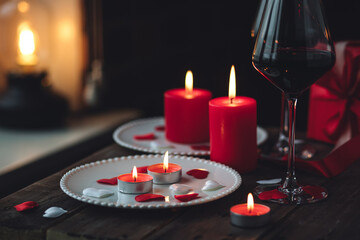 Saint Valentine's Day celebration. Red burning candles, hearts, gift box, postcard on dark wooden background. Happy holiday . Table decor for festive dinner, romantic atmosphere