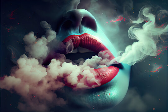 Woman's lips blowing smoke clouds - Generative AI image made to look like photorealistic macro photograph of lusciously red lips exhaling smoke/vape