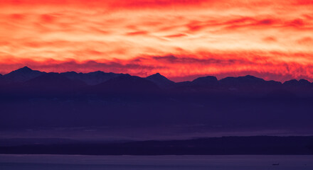 Fototapeta na wymiar Vancouver Island Covered in Clouds during winter sunset. Viewed from Cypress Lookout, West Vancouver, British Columbia, Canada.