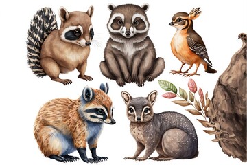 Fototapeta premium a group of animals that are sitting next to each other on a white background with a white background behind them and a brown and black and white background with a red stripe. Generative AI 