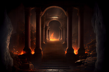 The eternal fire, dark atmospheric landscape with stairs to ancient columns and font of fire, fantasy background