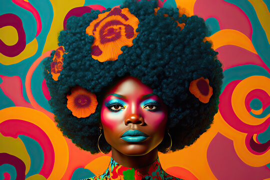Generative AI illustration of an afro woman looking at the camera in pop art style.Artwork