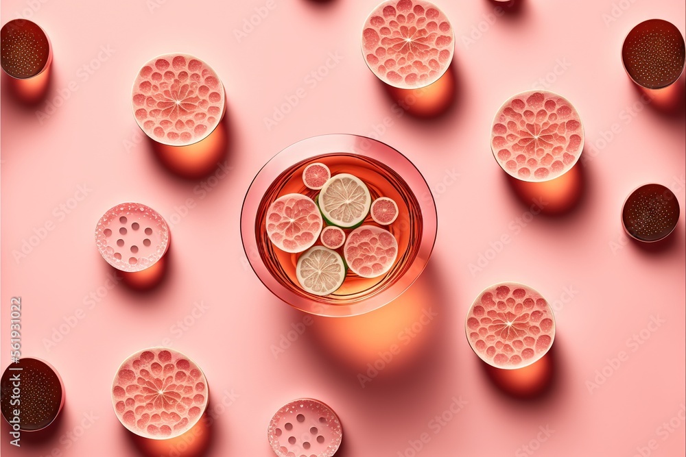 Sticker a glass of wine with a lemon slice in it surrounded by other glasses of wine on a pink background wi