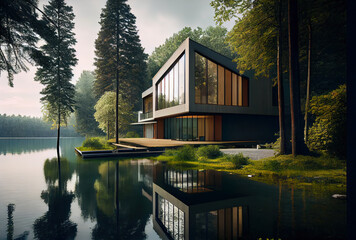 Fototapeta Modern cabin house at lake with scenic view obraz