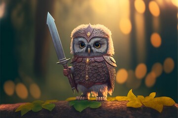 Tiny Cute Owl Warrior, generative ai