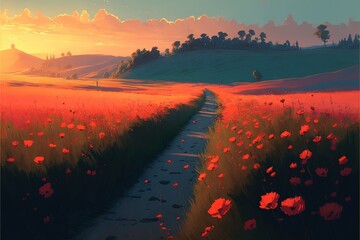  a painting of a field with a path leading to a hill with flowers on it and a sunset in the background with clouds and trees on the horizon, and a path is a path. Generative AI 