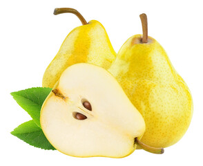 Fototapeta na wymiar Two yellow pear fruits and one half cut out
