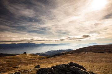 mountain hut in the carinthian alps looking west towards koralpe at the carinthian and styrian...
