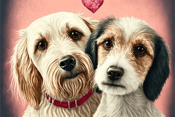  two dogs are looking at the camera with a heart above them on a pink background with a pink background and a red heart above them is a white dog with a black nose and a. Generative AI 