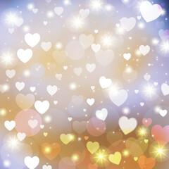 Romantic Valentine's Day background design. Light shining background with stars and hearts, abstract blur and gradient.