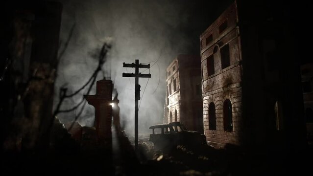 Nuclear war apocalypse concept. Explosion of nuclear bomb in city. City destroyed by atomic war. Creative artwork decoration in dark. Selective focus