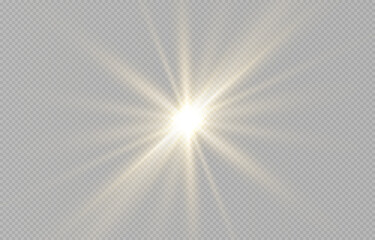 Obraz premium Light, sun on an isolated transparent background. The rays of the sun png. Light png. Sunrise Sunset. Flash Light. Vector illustration.
