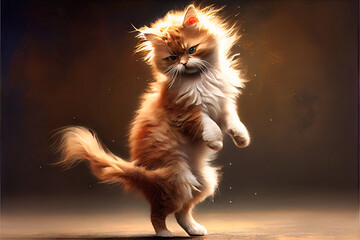 Dancing cat - fluffy photorealistic cat dancing in an empty room. Studio lighting action shot of a feline by generative AI