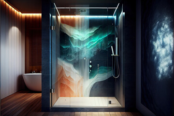 Modern bathroom illustration with walk in shower, glass walls