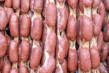 Turkish sausage made from camel meat. Hanged sausages made of camel meat.