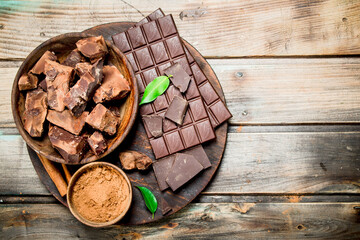 Chocolate in a bowl with cocoa powder on the Board.