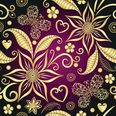 Vector seamless valentine  purple floral pattern with gold vintage curls and flowers and butterflies