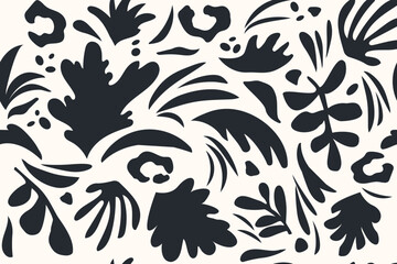 Seamless pattern black and white collage of doodles of various pattern shapes - flowers, dots, twigs, freehand ink sketch. Vector illustration isolated on white background.