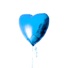 One big blue heart shaped balloon with ribbon isolated on a white background. Valentines day. Love symbol. Beautiful birthday party gift. Floating objects. Inflatable ball by helium gas. Stylish