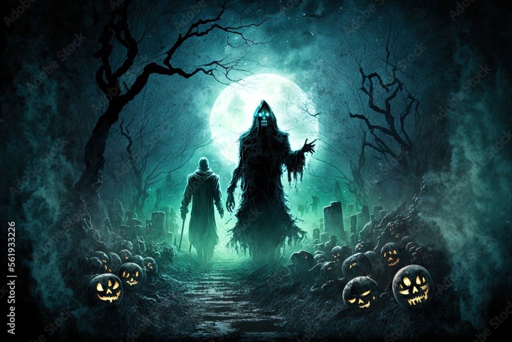 Poster frightful halloween scene featuring a ghost and a zombie generative ai