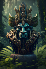 Stone and Jade totem statue in the middle of the jungle. Tribe totem statue with engraved faces and patterns. 3D look totem. Art game asset. Concept art for game. Clan statue.