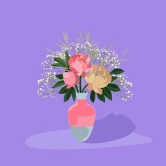Bouquet of peonies and gypsophila in pastel colors