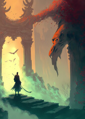 In the depths of the dragon castle, a brave knight faces a mighty foe, digital art style, generative ai