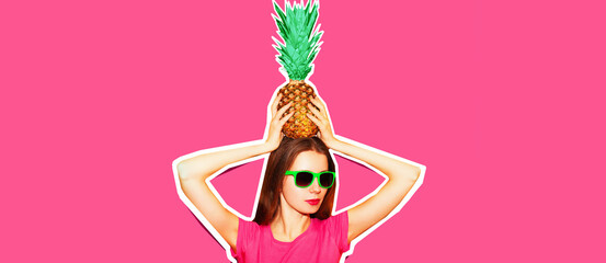 Obraz na płótnie Canvas Fashion portrait of woman in sunglasses with pineapple on pink background, magazine style