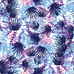 Fototapeta na wymiar Abstract colorful doodle seamless pattern with leaves, plants, branches. Messy fantasy floral background.
