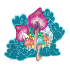 Hand drawn Mystical Magical Mushrooms in vibrant colors  
