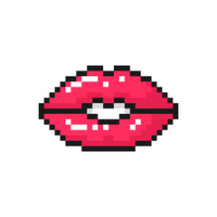 Red lips pixel icon. Symbol for Valentine's Day. Isolated on white background vector sign