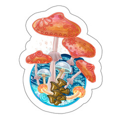Hand drawn Mystical Magical Mushrooms in vibrant colors  