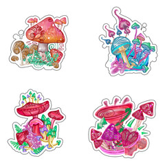 Hand drawn Mystical Magical Mushrooms in vibrant colors  